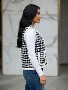 Mujer chaleco estilo retro moderno tejido de punto diseño a cuadros corte holgado cuello redondo sin mangas primavera otoño casual oficina - Negro - Ver 3