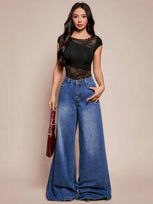 SHEIN PETITE 女士撞色蕾丝连体衣，短袖设计，修身性感 - 黑色 - 查看 8