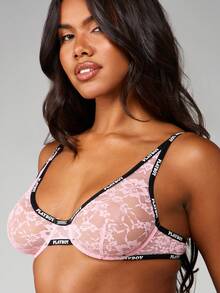 Missguided x Playboy Lace Balconette Unpadded Bra With Contrast Logo Straps And Underwire Support - Pink - View 1