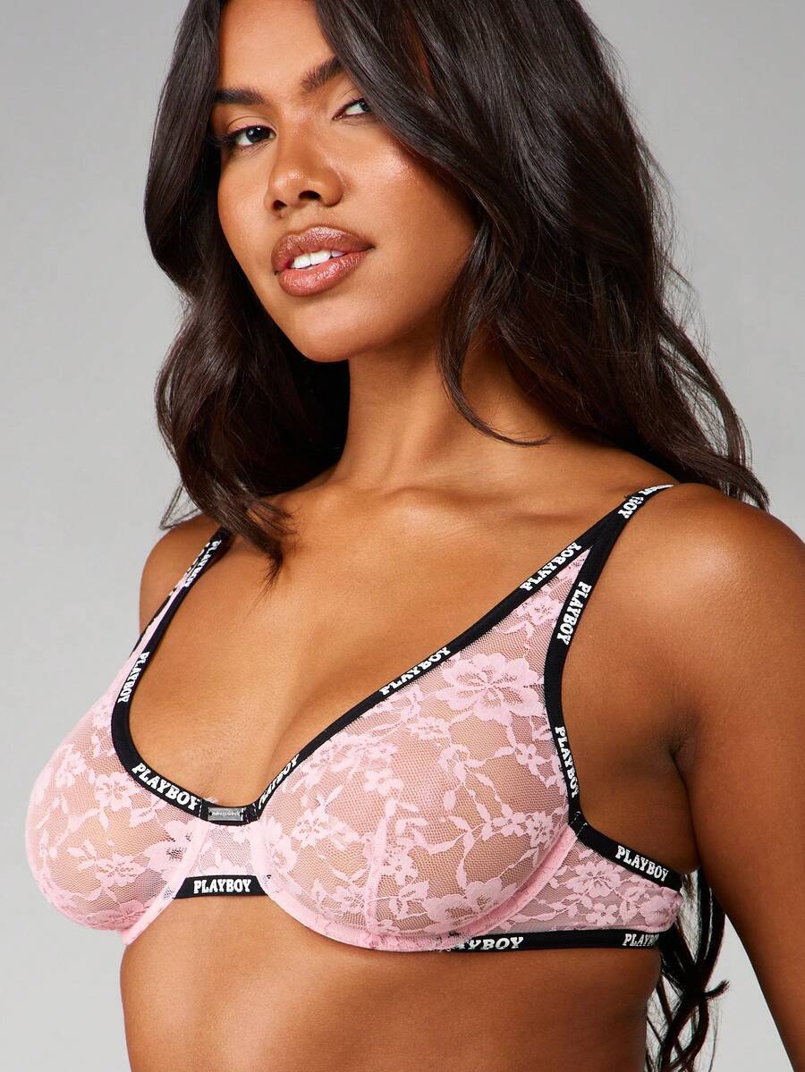 Missguided x Playboy Lace Balconette Unpadded Bra With Contrast Logo Straps And Underwire Support - Pink - View 1