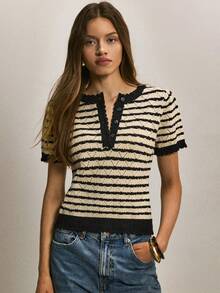 ATUI Studio Women's Striped Ruffle Button Half Placket Casual Commuter Knit Short Sleeve Top - Apricot - View 4