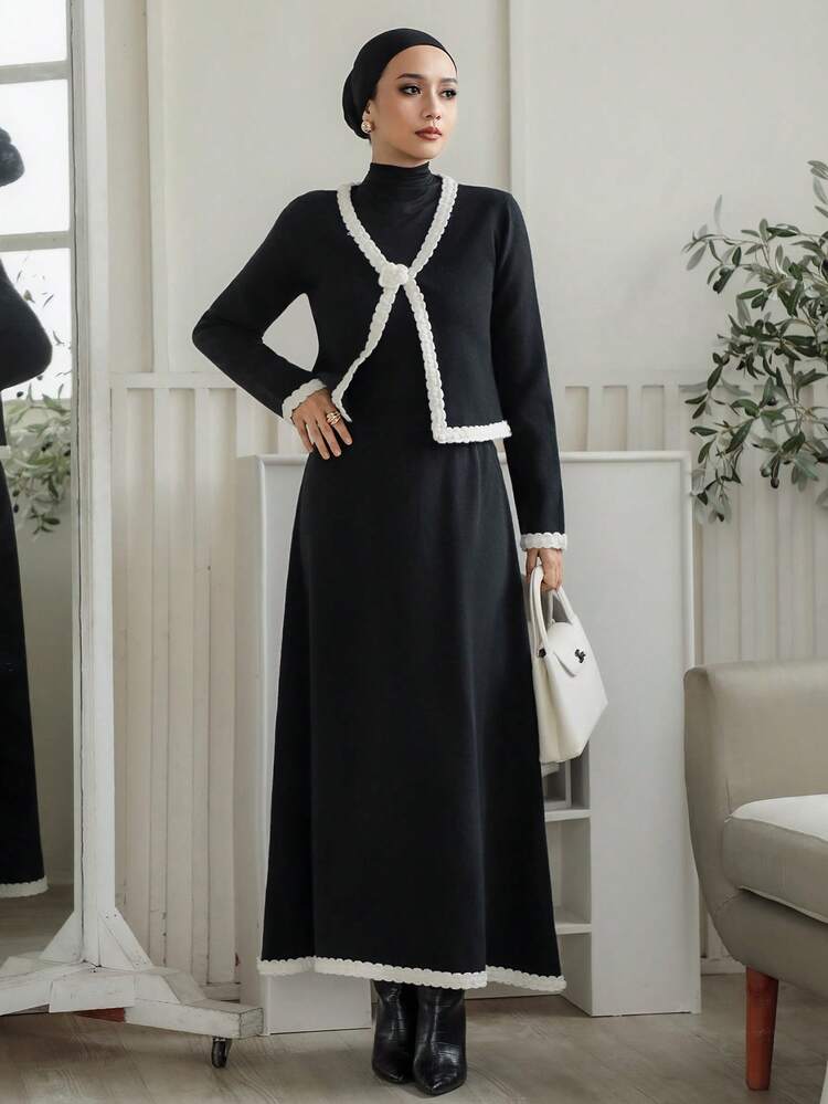 Women's Loose Business Casual Elegant Cardigan Knit Top And Straight Skirt 2 Pieces Set, Autumn/Winter
