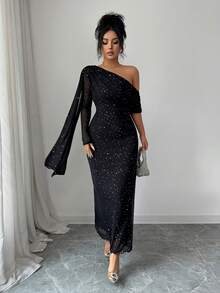 Rafferiza Women's Solid Color Asymmetric Ruffle Design Long Sleeve Sequin Embellished Fitted Elegant Dress - Black - View 5
