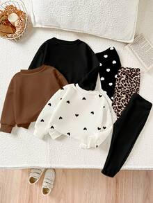 6pcs/Set Baby Girls Comfortable Autumn & Winter Style Infant/Toddler Girls Casual Fashion Creative Personalized Fresh Cute Leopard Print, Bow, Heart, Letter Graphic Print Sweatshirts And Leggings Sets, Suitable For Infant Floral Pattern Clothing, Autumn/Winter Baby Girls Sweater Sets, Mocha Color Baby Clothes, Baby Casual Outfit Series - Multicolor - View 2