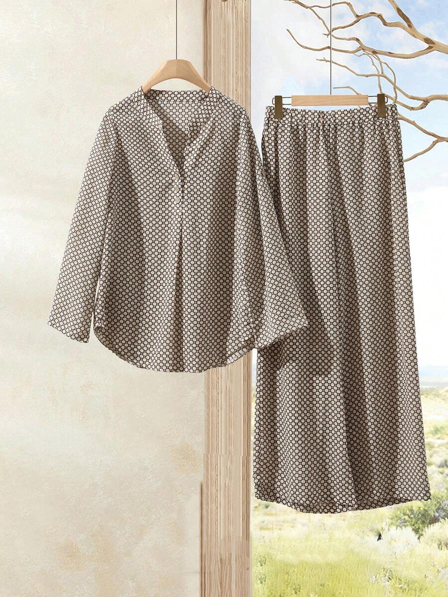 EMERY ROSE 2pcs Women Casual Simple Long Sleeve Top And Long Pants Set, Fashionable For Daily Wear - Multicolor - View 1