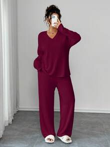 EMERY ROSE 女士加大码两件套，宽松V领长袖上衣和直筒裤，保暖质感面料，舒适家居服，适合休闲穿着 - 酒紅色 - 查看 6