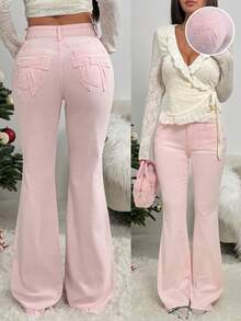 Rivivi Fashionable Low-Waist Pink Bow Tie Slim Fit Casual Flare Jeans - Pink - View 1