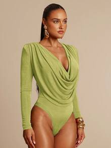 Silquee Olive Green Plunging Neckline Elegant Shoulder Pad Ruched Long Sleeve Bodysuit, Suitable For Dates, Outings, Weddings And Parties - Olive Green - View 6