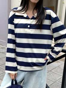 K-Vae 女士 Polo 领条纹卫衣，海军蓝白条纹宽松休闲卫衣 - 杏色 - 查看 3