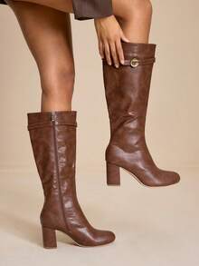 Daringsoles Casual Solid Color Side Zipper Chunky Heel Women Knee-High Boots - Brown - View 3