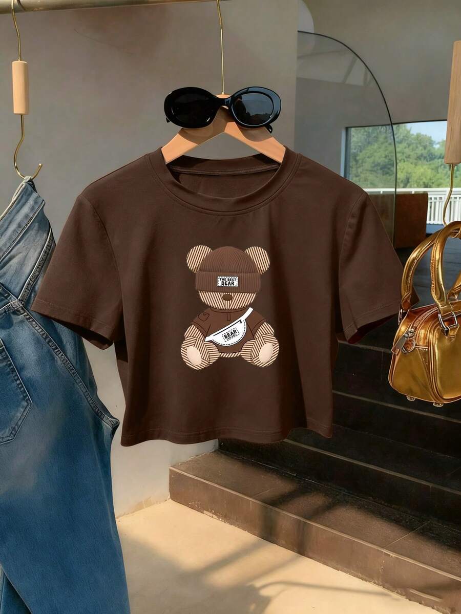 Camiseta corta de mujer casual con estampado de oso, verano - Café integral - Ver 1