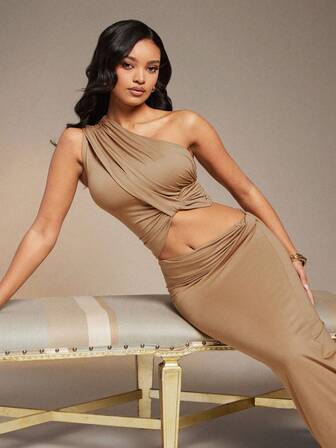 L'Amorae Dam One Shoulder Twist Detalj Jersey Crop Top, Unik Avslappnad Vårresortsemester