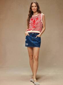 WESTFADE Round Neck Multi Stitch Summer Lobster Intarsia Sweater Tank Top Spring Break Vacation - Apricot - View 3