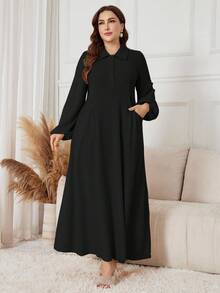 SHEIN Lacomfia 女士优雅休闲口袋半开襟领连衣裙 - 黑色 - 查看 5