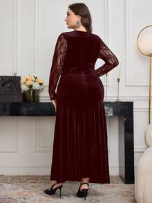 Modelyn Plus Size Women Elegant Lace Patchwork Velvet Bodycon Dress - Burgundy - View 2