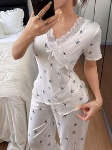 Dream Adore Women's Soft & Comfortable Pajama Set With Lace Trim, Bow Print, And Asymmetrical Design Lingerie Pajamas Set Sleep Wear Women Sets Sleepwear 3 Pieces Summer Sleep Wear Sets Pajamas Set For Woman - Beige - View 3