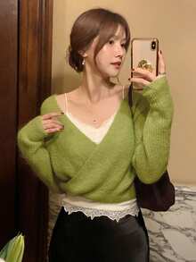 DAZY Women Soft Wool V-Neck Solid Color Slim Fit Sweater - Green - View 4