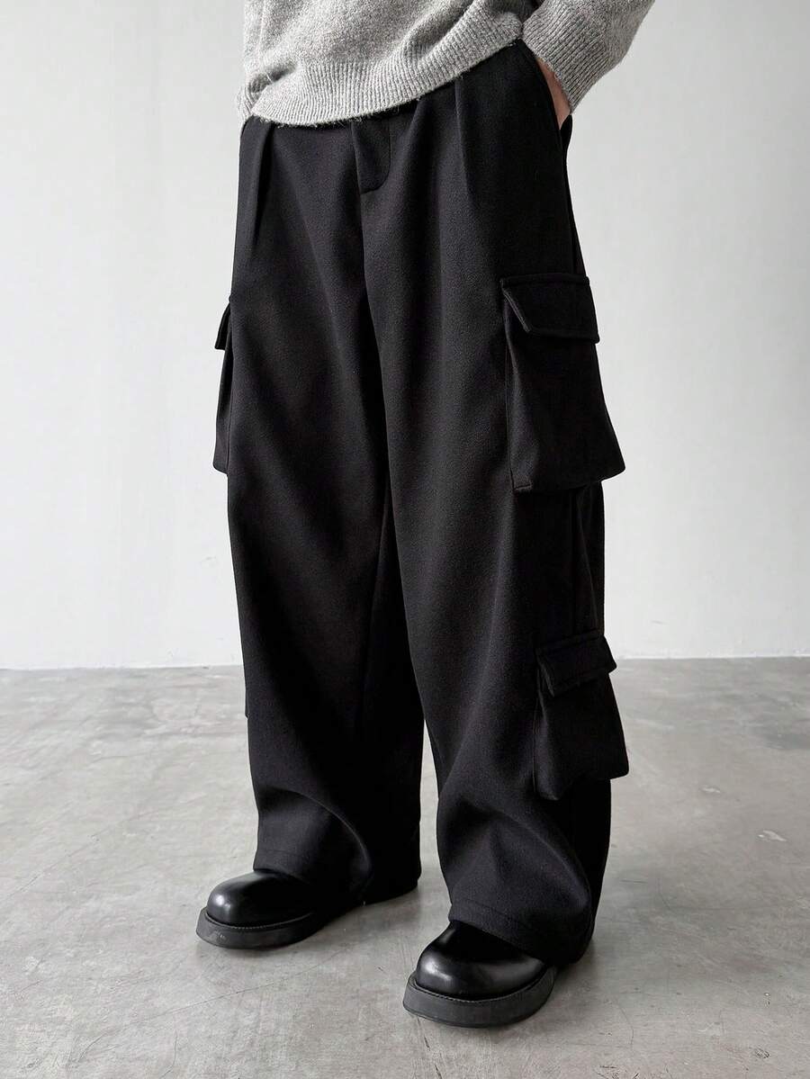 HUEFORM 男士黑色宽松版型四口袋工装裤，休闲纯色宽松版型，适合男士或男友的街头风格，宽松工装裤，男士阔腿裤，黑色工装裤，男士宽松阔腿裤 - 黑色 - 查看 1