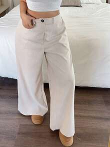 SHEIN PETITE CURVE Plus Size Women's Solid Color Casual Everyday Commute Simple Versatile Loose Comfortable Wide Leg Pants - Apricot - View 4