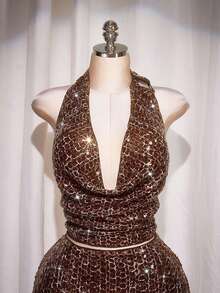 SHEIN ICON Plus Size Burgundy Sequin Halter Backless Blouse, Suitable For Party, Sexy Sequin Party Top Elegant Women's Blouses - Burgundy - View 1