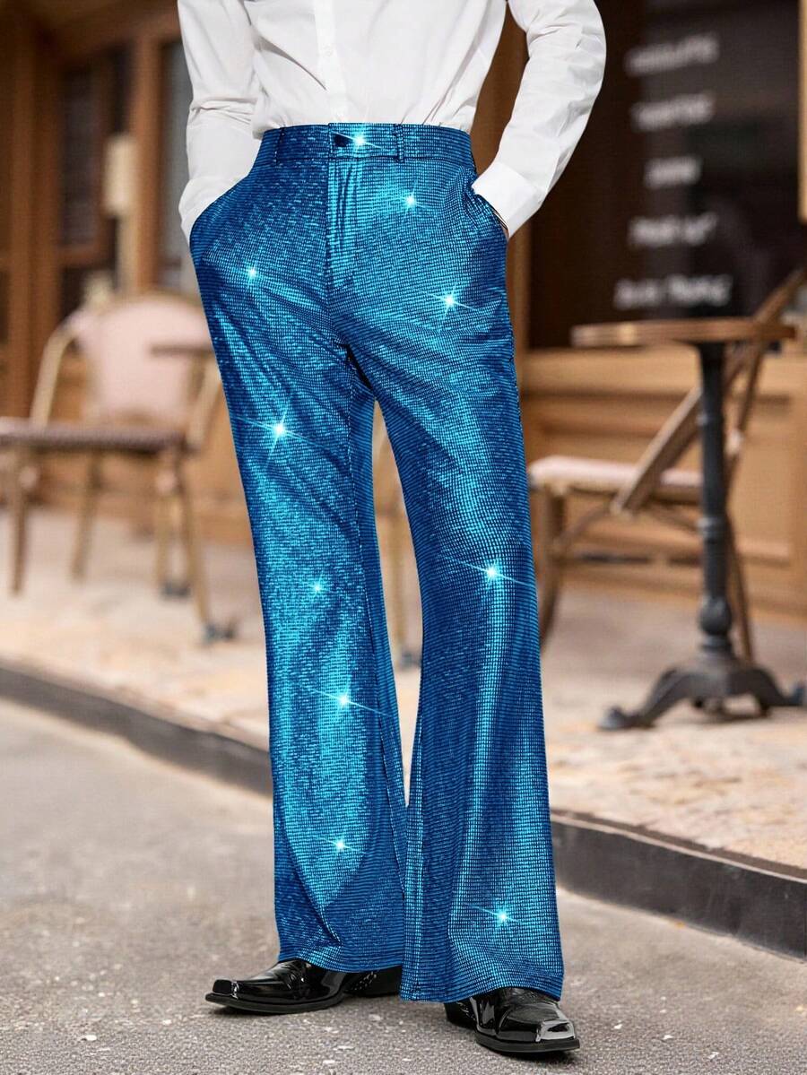 Manfinity BRENVOR 针织休闲时尚宽松长裤，带口袋，箔印图案 - 寶藍色 - 查看 1