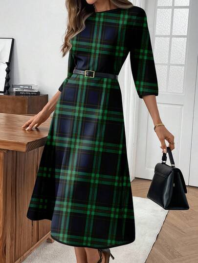 EMERY ROSE Women's Plaid Round Neck 3/4 Sleeve Elegant Mid-Length Dress Checkered Dress Women's Work Dresses Plaid Dress Women Teacher Dresses For Woman
