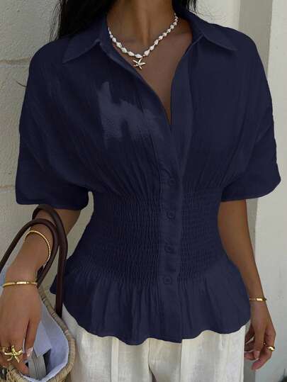 SHEIN EZwear Marinblå vävd kortärmad skjorta med samlad midja för kvinnor
