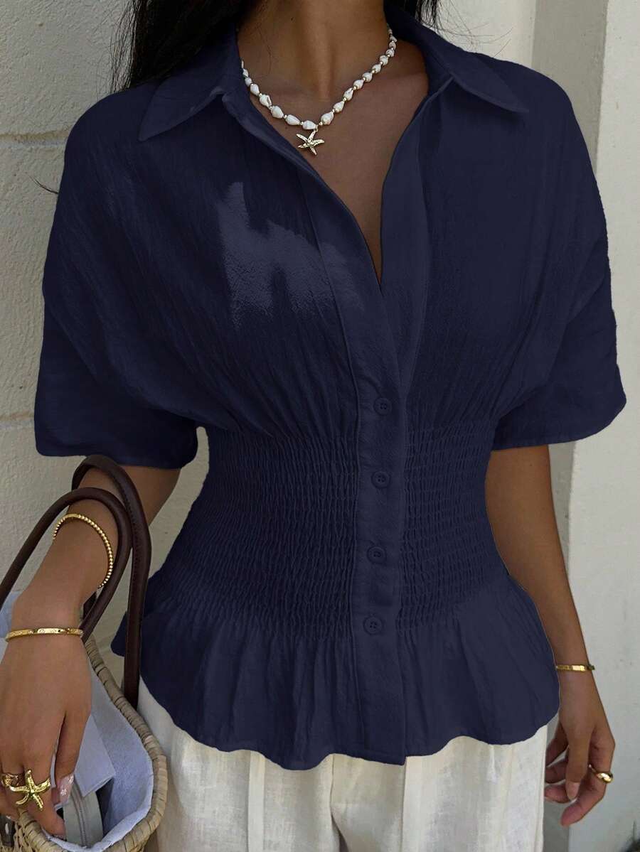 SHEIN EZwear Marinblå vävd kortärmad skjorta med samlad midja för kvinnor - Marinblå - Visa 1