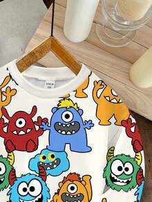 SHEIN 男婴休闲卡通图案宽松圆领柔软针织套头连帽衫，适合秋冬季穿着 - 彩色 - 查看 6