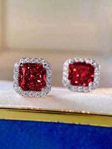 Ellevyn 1 Pair Elegant Cubic Zirconia Stud Earrings For Women For Wedding Engagement Anniversary Party Jewelry Valentine's Day Gift - Red - View 1