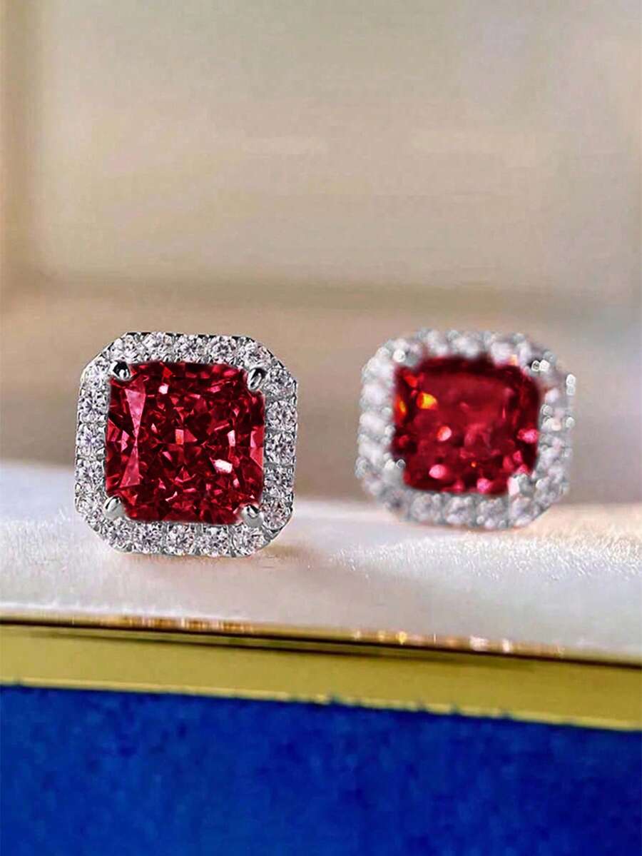 Ellevyn 1 Pair Elegant Cubic Zirconia Stud Earrings For Women For Wedding Engagement Anniversary Party Jewelry Valentine's Day Gift - Red - View 1