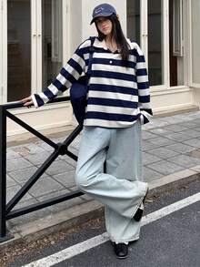 K-Vae 女士 Polo 领条纹卫衣，海军蓝白条纹宽松休闲卫衣 - 杏色 - 查看 4