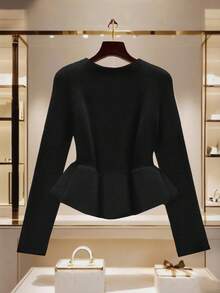 GlowEve Women's Stylish Waist Cinched Ruffle Hem Short Cardigan, Unique Metal Button Decor, Chic White Sweater - Black - View 2
