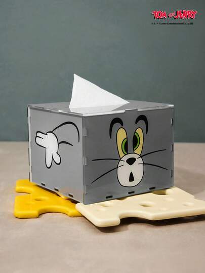 TOM & JERRY X Joivida صندوق مناديل بشكل قطة توم من الأكريليك، منظم مكتبي إبداعي بشخصية كرتون توم وجيري، ديكور تخزين مناديل شفاف وجميل