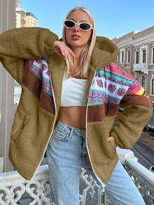 EURMUSE Ladies' Hooded Printed Plush Jacket - Camel - View 7
