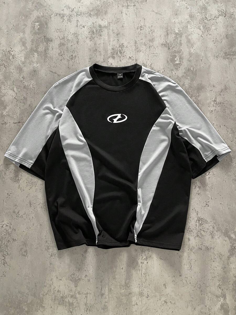 Manfinity ZONE917 Men's Casual Contrast Color Splice Raglan Sleeve Round Neck T-Shirt, Summer - Black - View 1