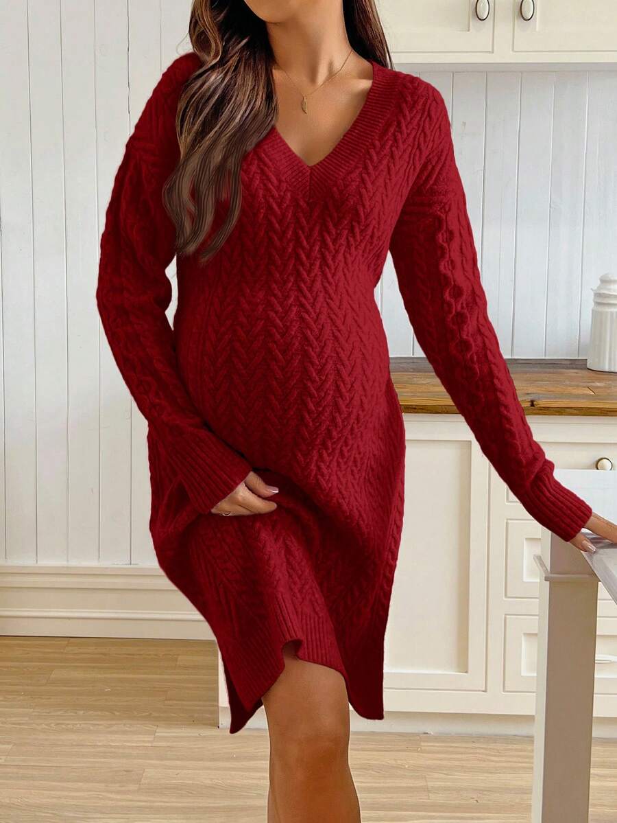 SHEIN Maternity Autumn/Winter V-Neck Long Sleeve Fitted Elegant Knit Dress - Red - View 1