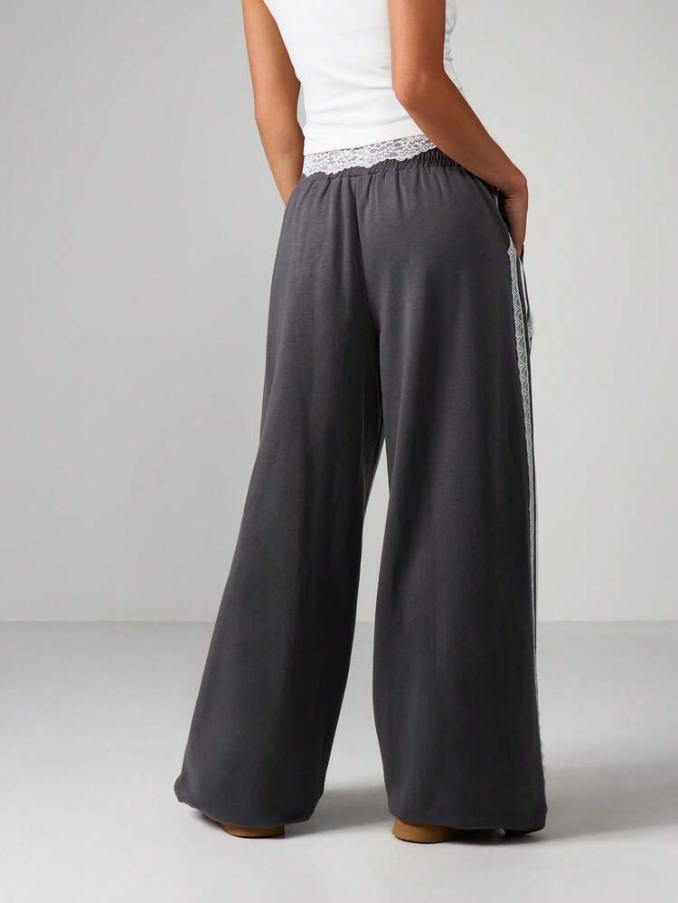 MISSGUIDED Wide Leg Brushback Joggers With White Lace Trim Side Detail Elastic Waistband Comfort Lounge Pants