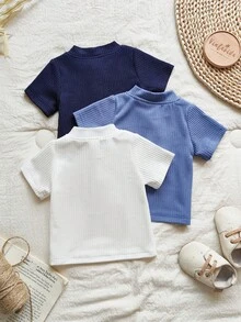 Vintaside Kids 3件套新生男婴休闲简约风蓝色柔软条纹质感短袖上衣，适合日常穿着，春夏款