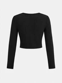 SHEIN 2pcs/Set Tween Girls Black Knit Crop Top + Wide Leg Straight Pants, Casual Daily Fashion Versatile - Black - View 4