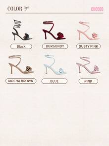 CUCCOO CHICEST 勃艮第玫瑰花朵缀饰尖头细高跟凉鞋，优雅女士性感浪漫踝带天鹅绒礼服凉鞋，适合派对、约会、T 台、正式场合、情人节 - 酒紅色 - 查看 11