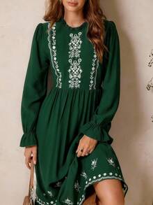 LanaWest Women's New Brown Round Neck Frill Trim Long Sleeve High Waist Flared Hem Retro Embroidered Wavy Hem Maxi Vintage Casual Bohemian Western Dress, Autumn/Winter - Dark Green - View 1