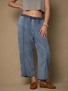 Freevana Plus Size Women Elastic Waist Pockets Loose Fit Tapered Casual Pants Boho Women Clothing Casual Pocket Jeans Embroidery Baggy Jeans Women Loose Jeans - Blue - View 4