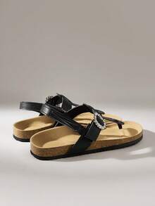 Solecia Women's Buckle Design Casual Flat Thong Sandals For Daily Wear - Black - View 3