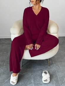 EMERY ROSE 女士加大码两件套，宽松V领长袖上衣和直筒裤，保暖质感面料，舒适家居服，适合休闲穿着 - 酒紅色 - 查看 5