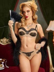 PinupPomp Women's Sexy Lace Trim Underwire Bra And Low-Rise Thong Panty Set - Black - View 5