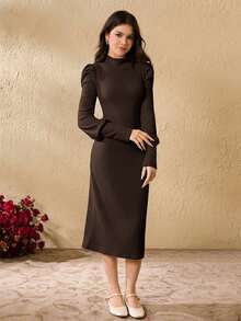 Teen Girls' Solid Color Knit Ribbed Long Sleeve Dress - Coffee Brown - View 6