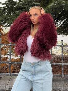 Jeta Ari 女士时尚性感短款仿皮草大衣，秋冬新品 - 酒紅色 - 查看 4