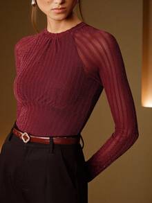 Anewsta 亮面针织圆领修身优雅长袖毛衣，适合秋季、冬季、春季、新年、派对、婚礼等场合，尽显优雅、时尚、别致、商务休闲、舒适、感恩节风情。 - 酒紅色 - 查看 3