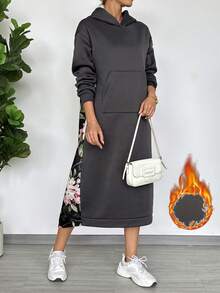 EMERY ROSE 女士休闲宽松长款卫衣连衣裙，背面印花设计，适合秋冬季穿着 - 深灰色 - 查看 1